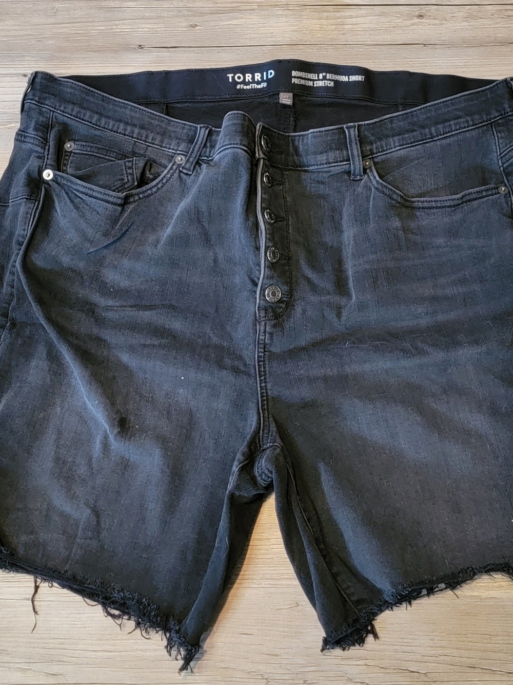 torrid Black Button-Front Denim Bermuda Shorts with Frayed Hem